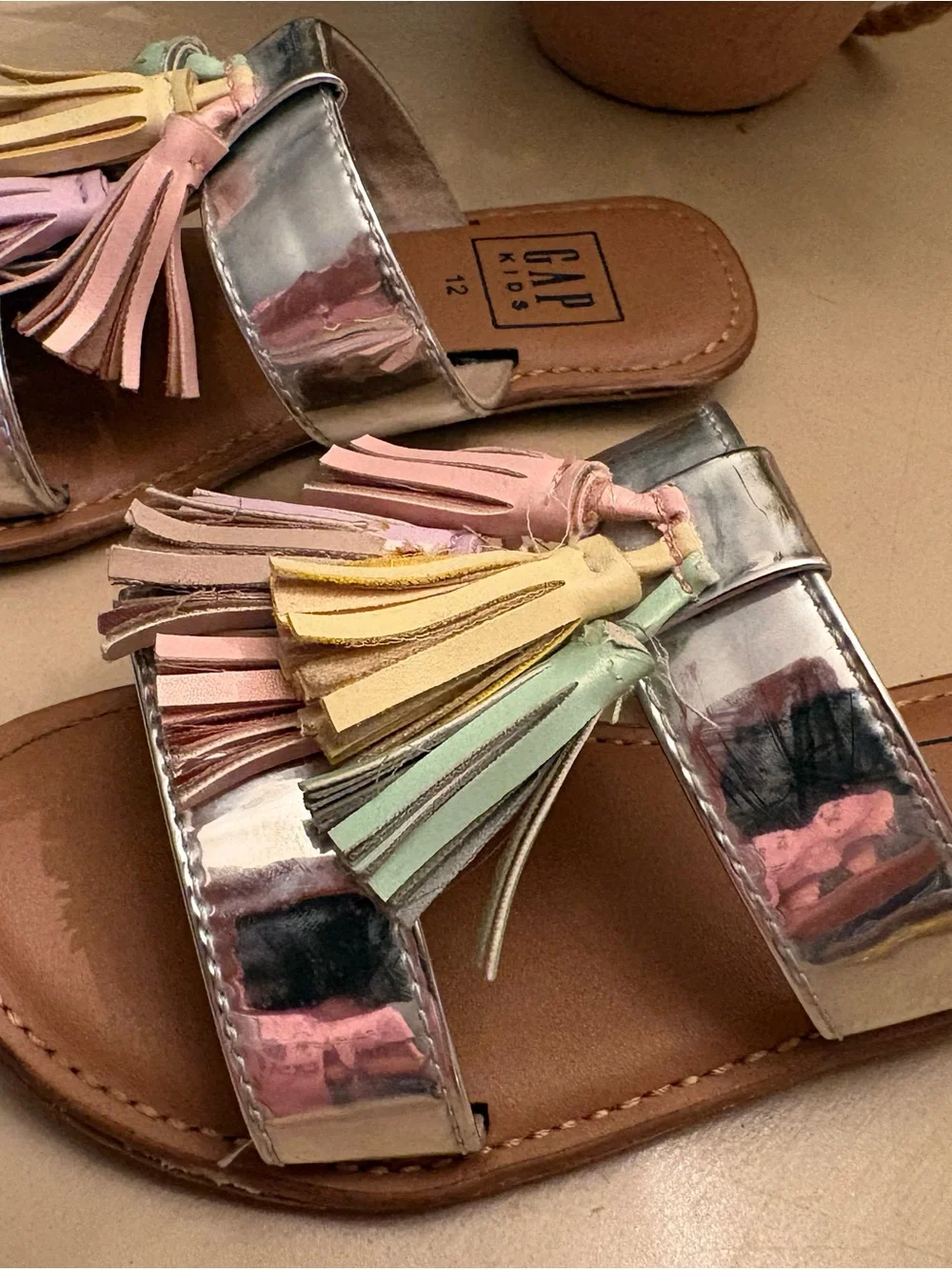 GAP Metallic Silver Kids Slide Sandals with Pastel Tassels